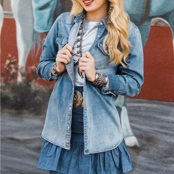 Rodeo Quincy American Cowboy Button Up- Denim Shirt with Cowboy Graphic - Picture 2 of 2